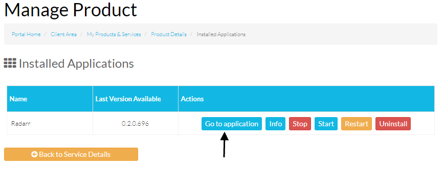 Image of an arrow pointing to the "Go to application" button
