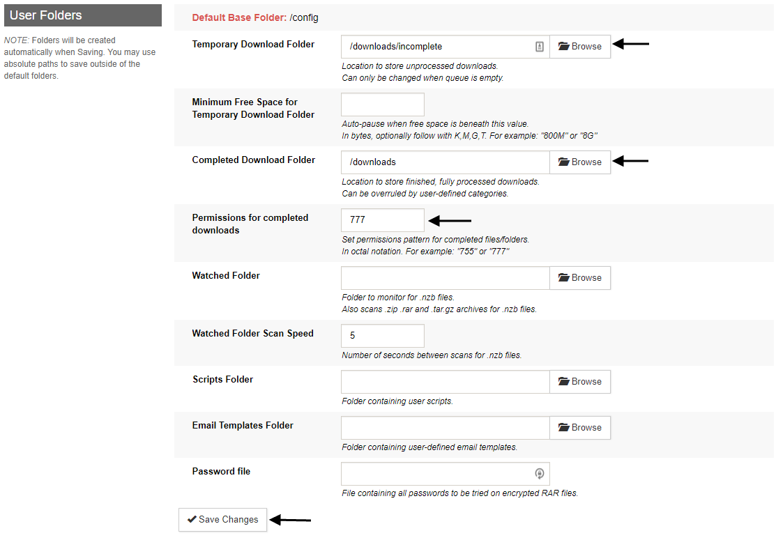 sabnzbd cannot change permissions of