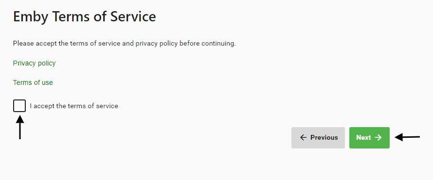 Accept the Emby terms of service.