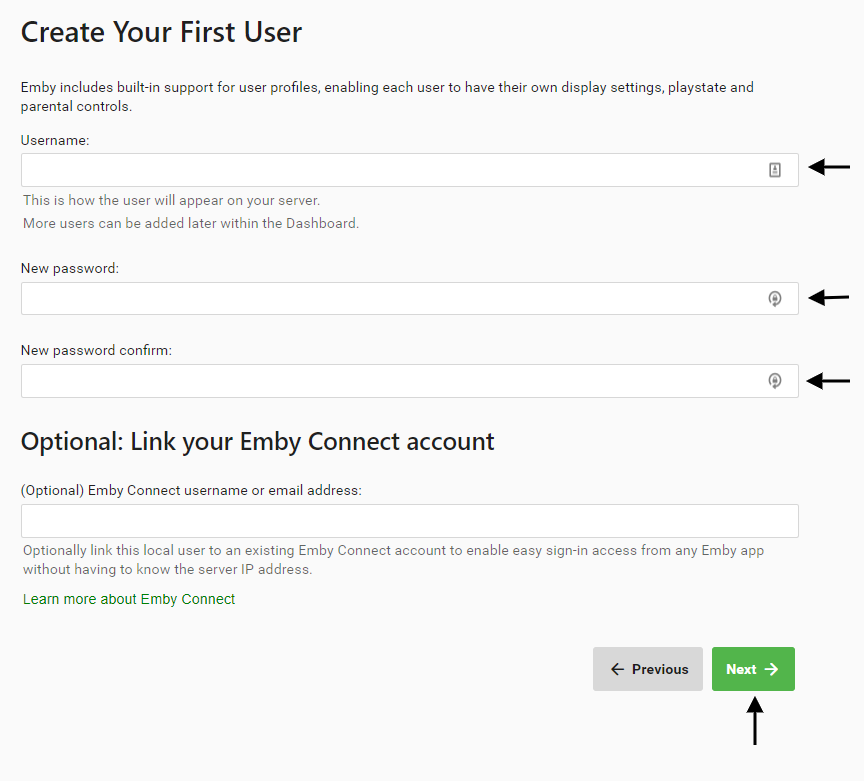 Create an Emby username and password.