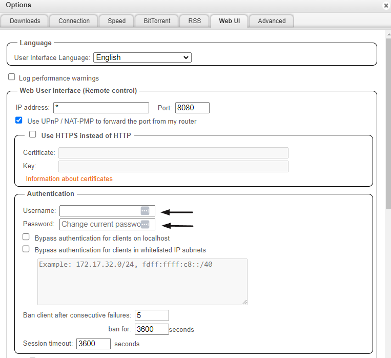 Add your username and password to the webui section in the qBittorrent settings.
